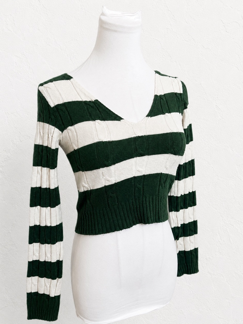 Vintage Made in Turkey Green & Cream Striped Knit Sweater S